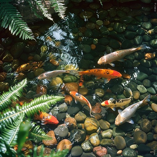 Koi pond with large colorful koi fish and stone-edged banks at dusk