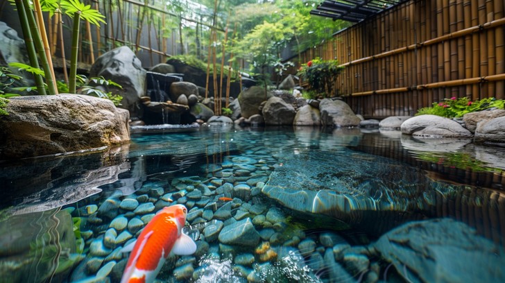 Koi pond with stone-edged banks and colorful fish beneath the water surface