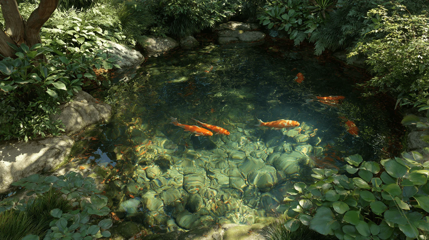 Koi fish swimming in a pond surrounded by lush greenery and aquatic plants