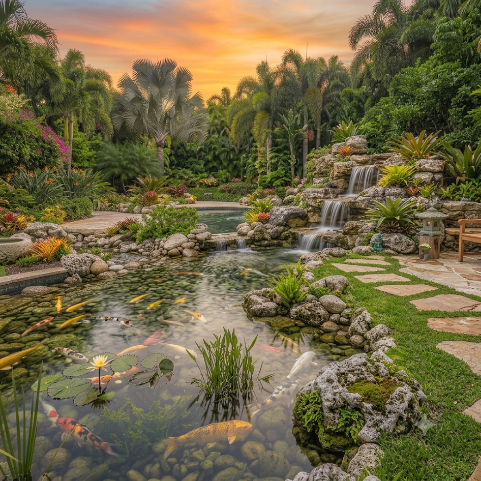 Koi pond and water garden with evening landscape lighting — luxury water features Nature Coast