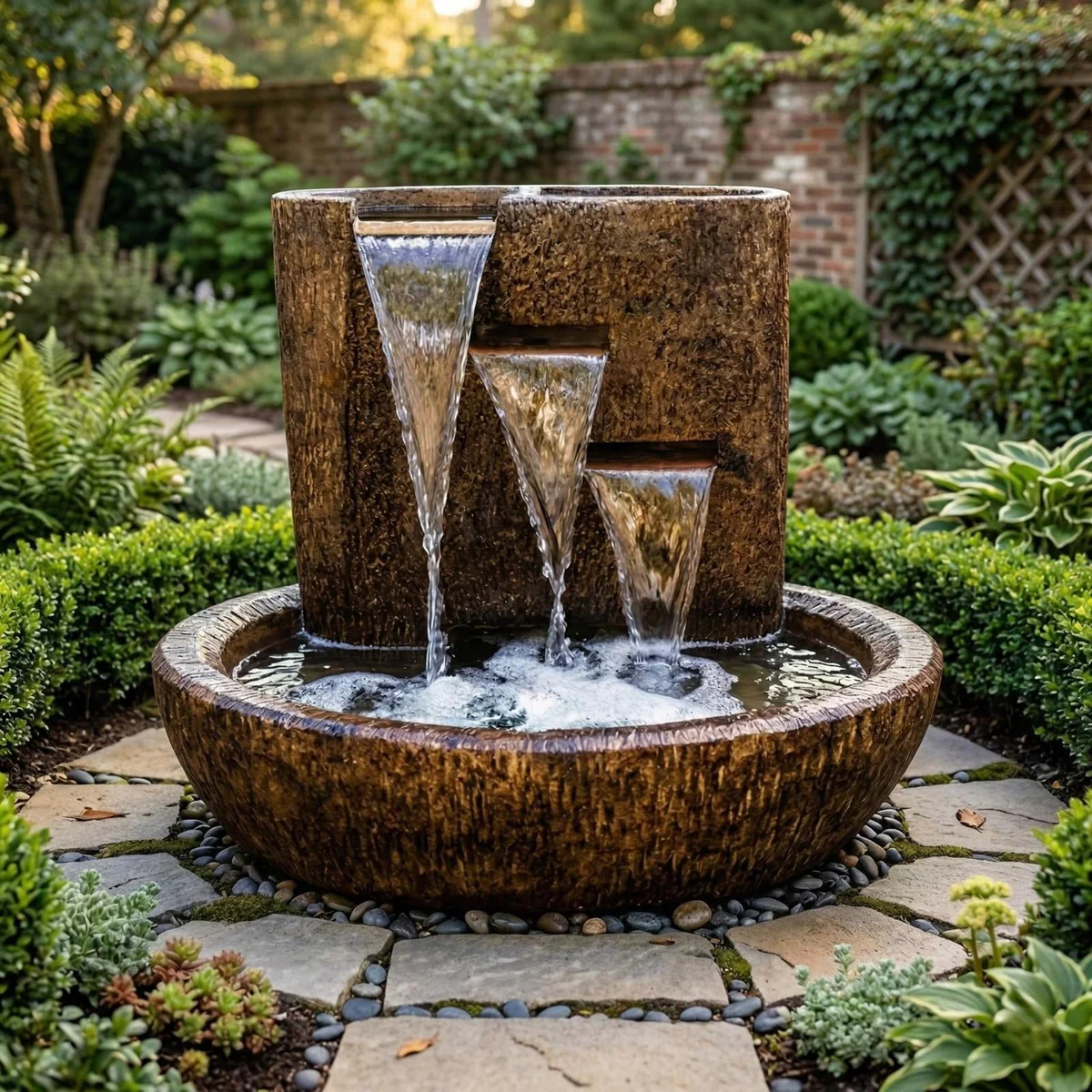 Adobe Springs Fountain with multi-tiered water flow and stone surround — luxury custom water feature