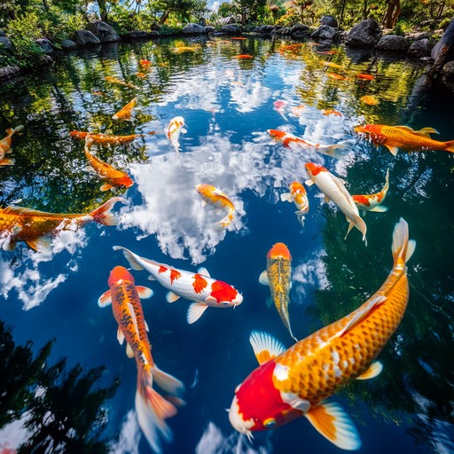 Vivid orange and white koi fish swimming in a clear backyard koi pond