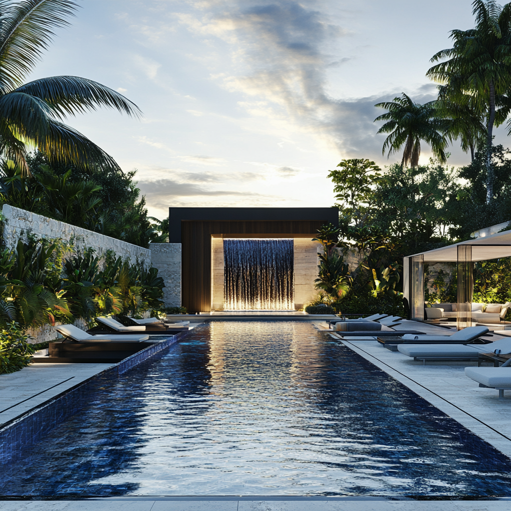 Natural stone waterfall cascading directly into a luxury swimming pool