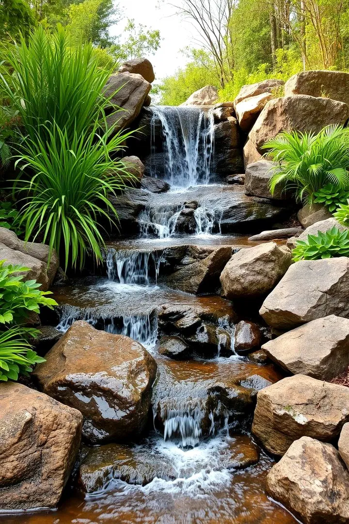 Natural stream flowing over sculpted rocks through landscaped garden — pondless recirculating water feature