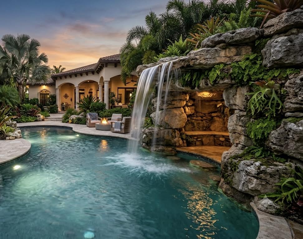 Custom waterfall cascading into a luxury swimming pool — pool-integrated waterfall, Hernando County FL